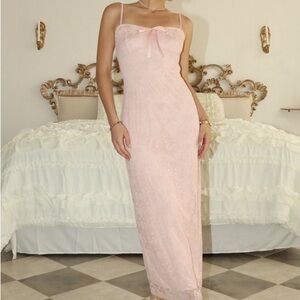 Pink Satin Bow Lace Slip Dress | Cottagecore Midi